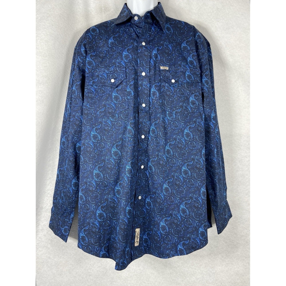 Rafter C Pro Flex Shirt Men L Blue Button Up Paisley‎ Performance Pearl Snap New